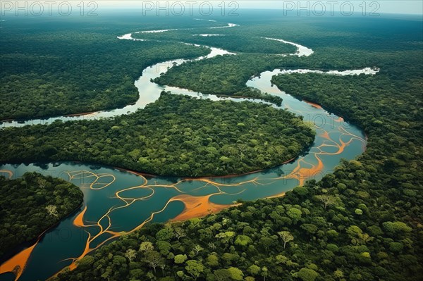 Aerial view of a meandering river in a tropical rainforest, Brazil, AI Generated, AI generated,