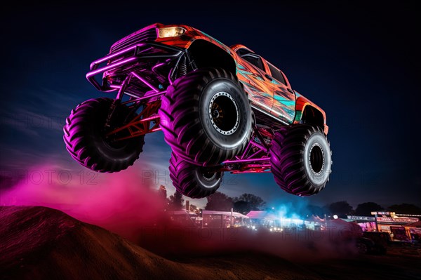 Monster truck with neon lighting, jumping off-road outdoors in cloud of dust, during a night event,
