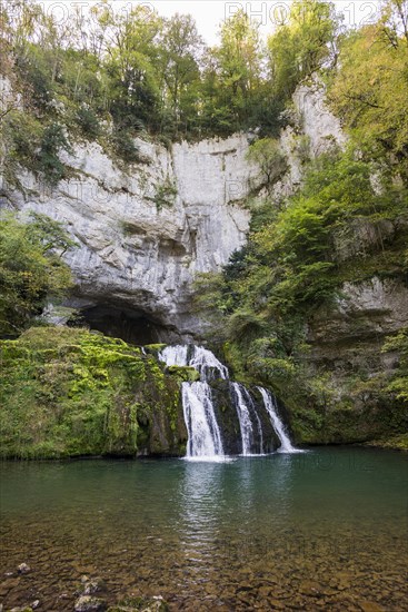 Spring and waterfall, Source du Lison, Source des Lison, Nans-sous-Sainte-Anne, Departement Doubs,