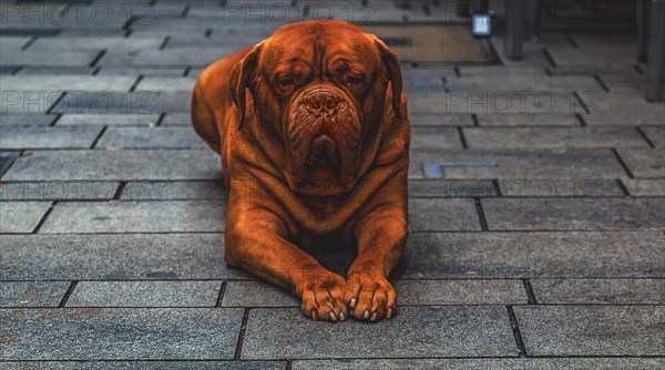 A calmly sitting Bordeaux Mastiff on a cobbled street with a serious expression on his face,