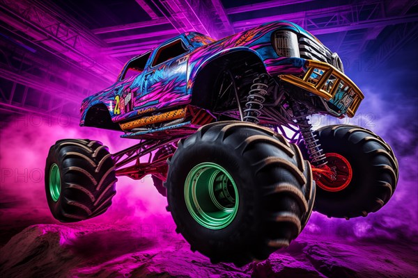 Monster truck with neon lighting, jumping off-road in cloud of dust. Excitement and thrill of an