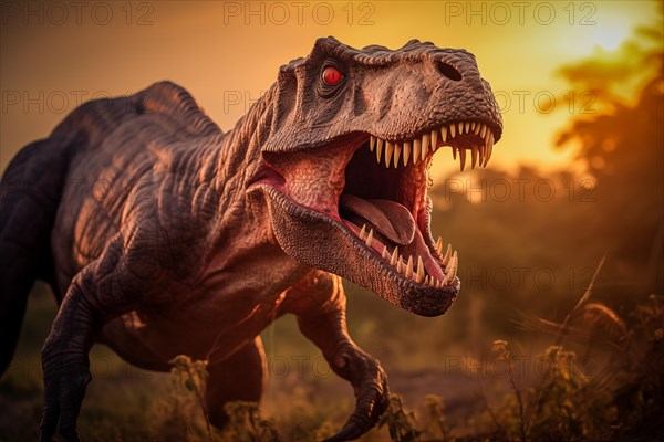 Tyrannosaur rex roaring in a prehistoric forest with lush vegetation, ferns and sunlight, AI