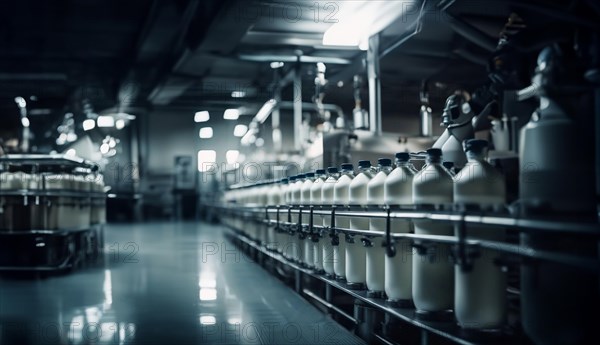 Plant for the production of milk and dairy products, conveyor belt with bottles of milk, AI