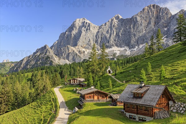Mountain hut and alp in front of steep mountains in summer, Brandalm, Hoher Dachstein, Austria,