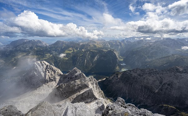 View from the rocky summit of the Watzmann Mittelspitze, view of mountain panorama with Steinernes