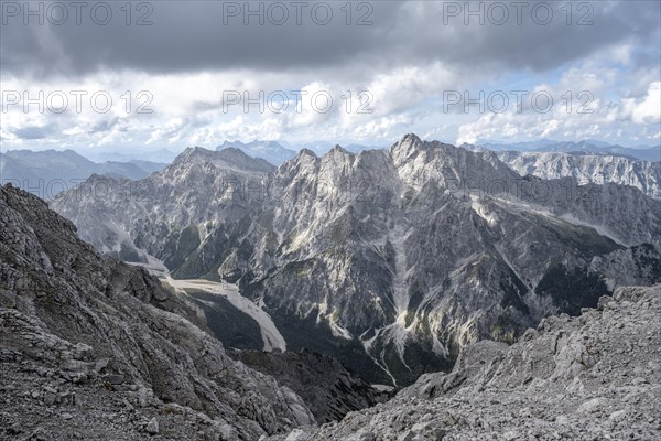 View of Wimbachgries valley and mountain panorama with rocky mountain peak of the Hochkalter, at
