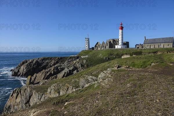 Semaphore, ruins of Saint-Mathieu Abbey, lighthouse and Notre Dame de Grace chapel on the Pointe