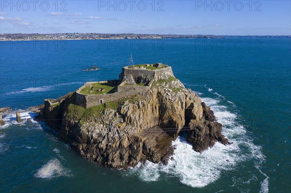 Aerial view of Fort de Bertheaume on a rock off the coast in Plougonvelin on the Atlantic coast at