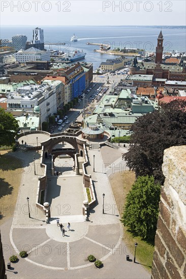 City view Helsingborg, below the entrance to Kaernan, behind the Oeresund, Skane laen, Sweden,