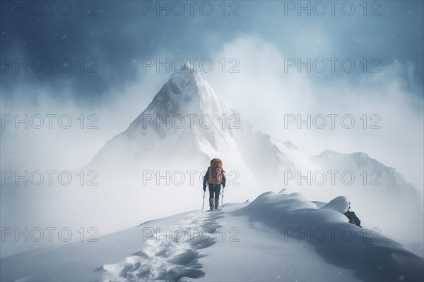 A mountaineer in mountains approaching a majestic snowy mountain peak amidst a snowfall and snow