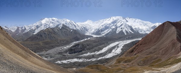 High mountain landscape with glacier moraines and glacier tongues, glaciated and snow-covered