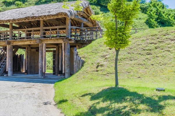 Wooden gate of traditional village made of logs and wooden planks with house jacks holding up