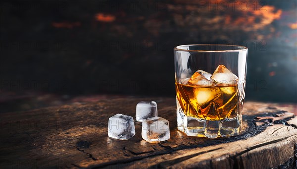 Whiskey with rocks or ice cubes in a glass with ice in a dark wooden background. AI Generated, AI