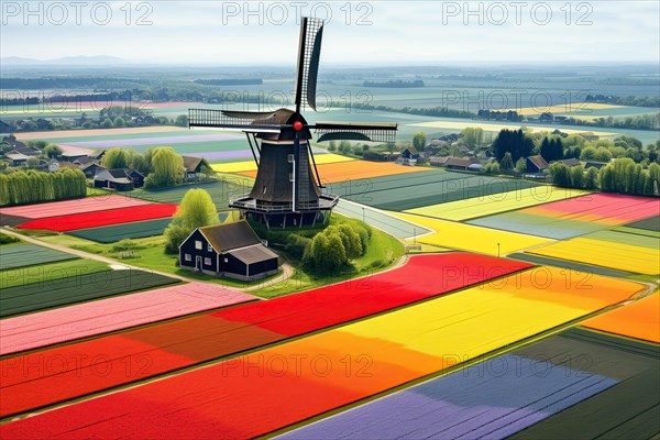 Aerial view of a Windmill in a colorful tulip field environment, The Netherlands, AI Generated, AI