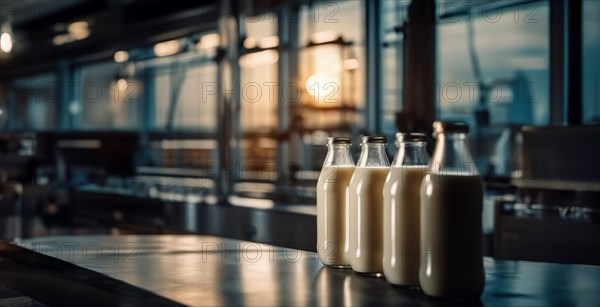 Plant for the production of milk and dairy products, conveyor belt with bottles of milk, AI