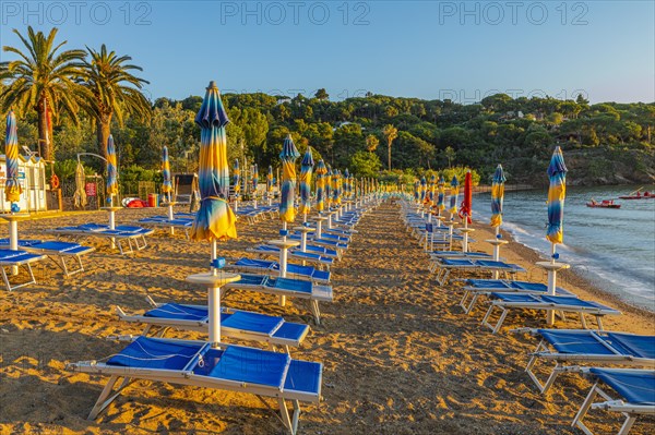 Sun loungers and parasols on Straccolignino beach at sunrise, near Capoliveri, Elba, Tuscan