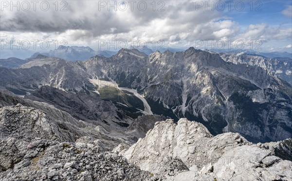 View of Wimbachgries valley and mountain panorama with rocky mountain peak of the Hochkalter, at