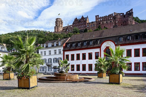 Karl square with the Academy of Science and a view to Heidelberg castle, Heidelberg, Baden