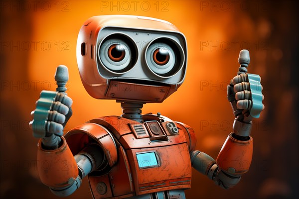 Orange robot showing a thumbs up gesture. The friendly robot has big round eyes and a friendly