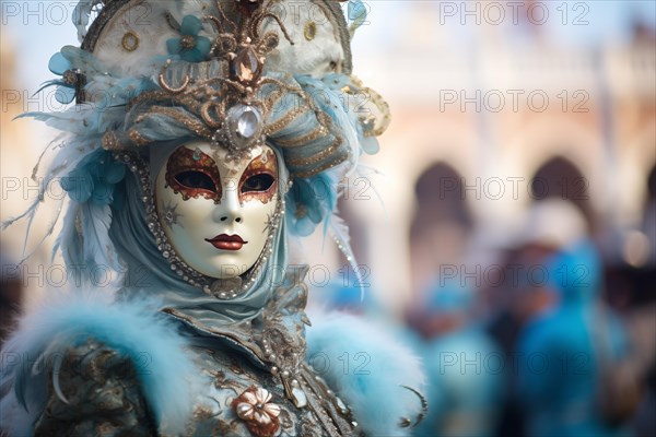 A person adorned in an elaborate and elegant costume, capturing the essence of the Venice Carnival