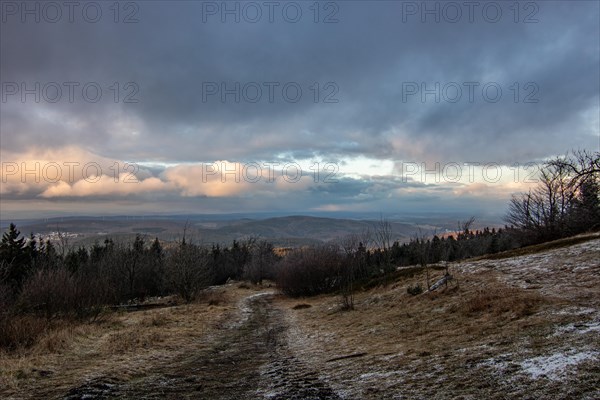 Landscape on the Grosser Feldberg, Taunus volcanic region. A cloudy, sunny winter day, meadows,
