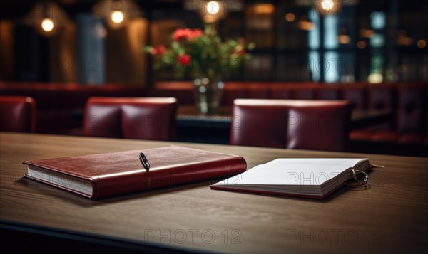 An elegant meeting space with two notebooks, a pen on a wooden table, and red leather seats AI