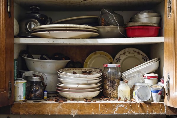 A messy and dirty, heavily cockroach-infested (Blattodea), cluttered kitchen cupboard with crockery