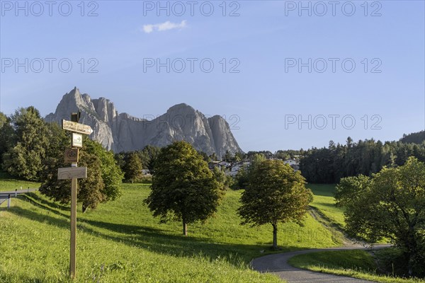 Various signposts, in the background the Schlern, seen from the direction of Kastelruth, Dolomites,