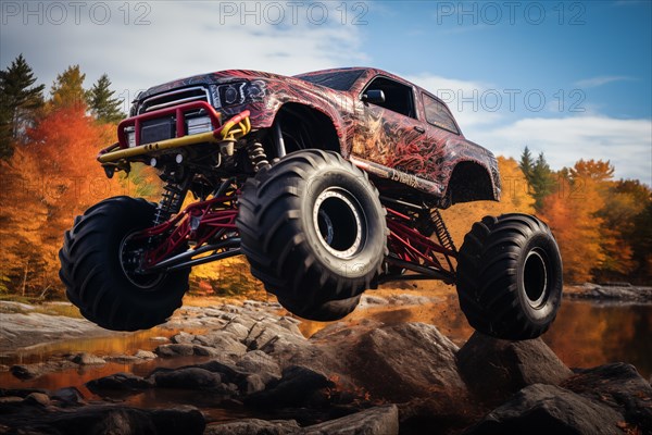 Monster truck driving and jumping outdoors amidst a cloud of dust. Thrill and adrenaline of an