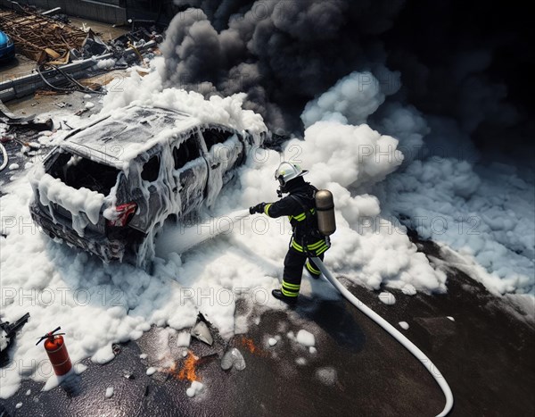 A firefighter in full gear uses a hose with chemical white foam to extinguish flames engulfing