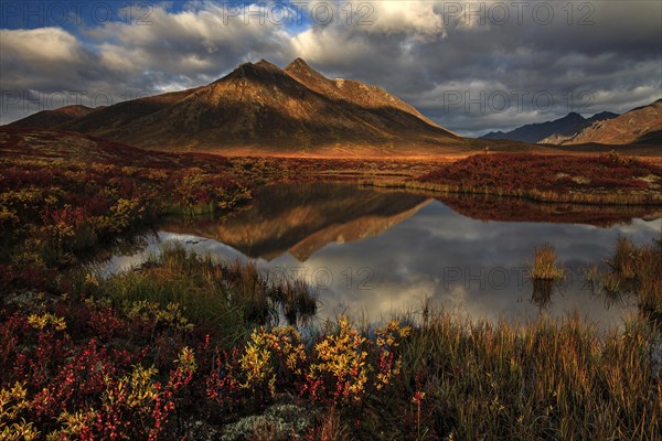 Reflection of mountains in a small lake in morning light, clouds, tundra, autumn, Dempster Highway,