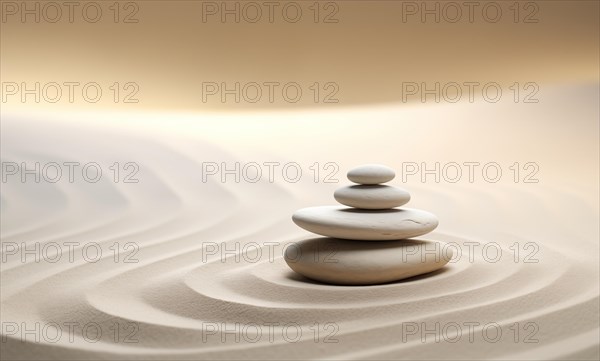 Zen stones stack on raked sand in a minimalist setting for balance and harmony. Balance, harmony,