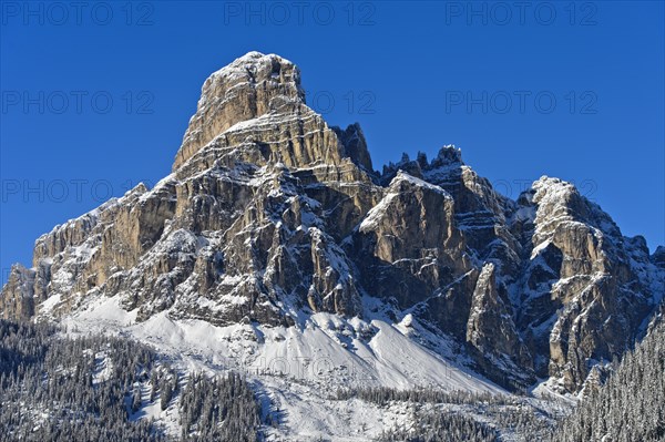 Fresh snow on the summit of Sassongher, Corvara ski resort, Kurfar, Alta Badia winter sports