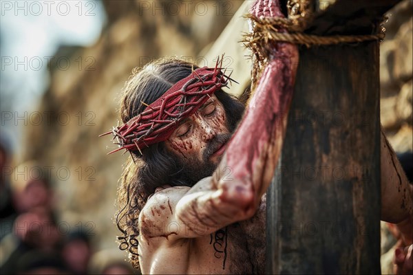 Depiction of Jesus with crown of thorns carrying the cross through the streets to the place of