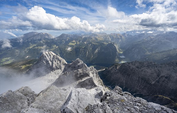 View from the rocky summit of the Watzmann Mittelspitze, view of mountain panorama with Steinernes