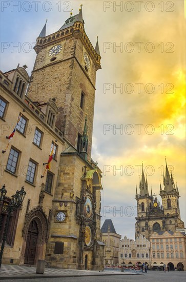 Beautiful Old Town Square with Church of our Lady Tyn and medieval astronomical clock on the Old