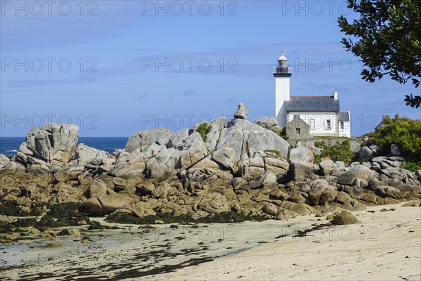 Lighthouse and beach at the Pointe de Pontusval, Plouneour-Brignogan-Plage, department Finistere