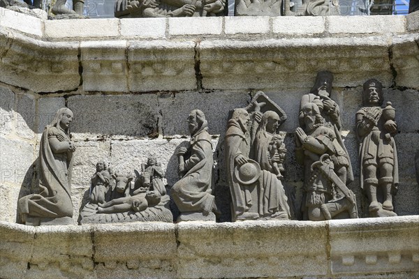 Stone reliefs Nativity, Adoration of the Magi, Calvary Calvaire, Enclos Paroissial de Pleyben