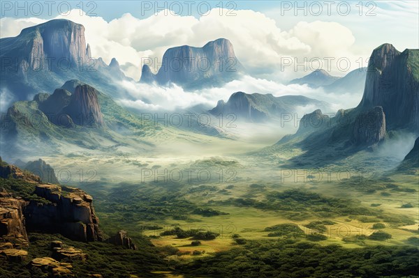 Surrealist aerial view of the top of Venezuelan tepuis known as the Lost world, Venezuela, AI