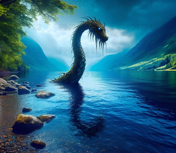 Mythology, the mythical creature Nessie, the Loch Ness monster, in Loch Ness in Scotland, AI