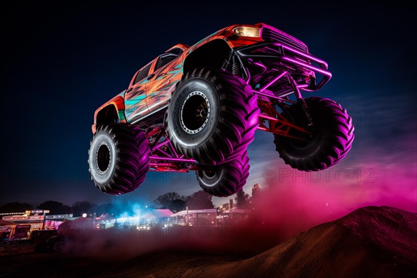 Monster truck with neon lighting, jumping off-road outdoors in cloud of dust, during a night event,