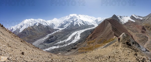 High mountain landscape with glacier moraines and glacier tongues, glaciated and snow-covered