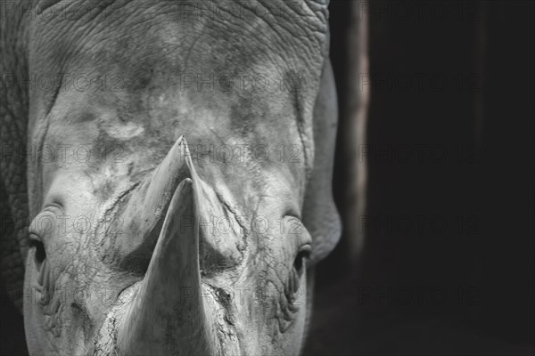 Close-up of a rhinoceros head in black and white, emphasising the texture of the skin and the horn,