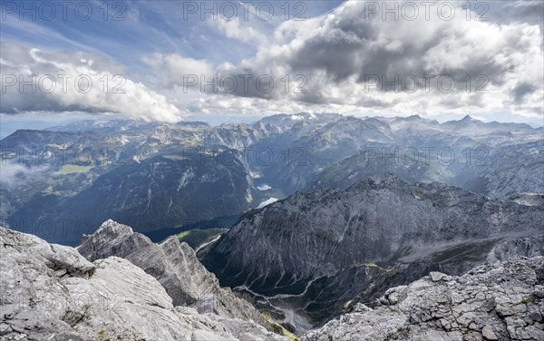 View of Koenigssee and Obersee with Steinernes Meer, at the summit of the Watzmann Mittelspitze,