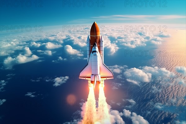 Aerial view of a rocket shuttle carrier launch at sunrise over an ocean coast. The rocket is