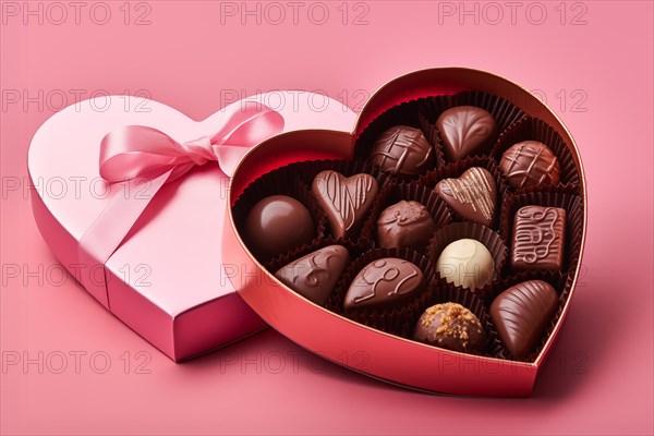 Heart-shaped box with a selection of finely crafted chocolates, perfect for Valentine Day, on pink