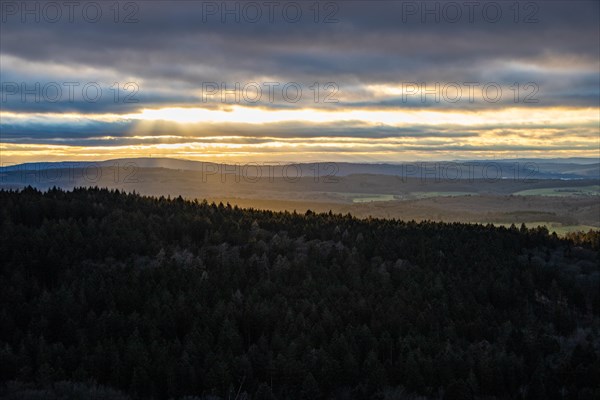 Landscape at the Grosser Zacken, Taunus volcanic region. A cloudy, sunny autumn day, meadows,