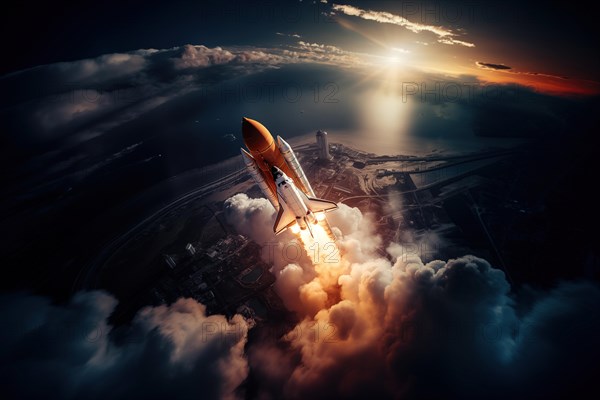 Aerial view of a rocket shuttle carrier launch at sunrise over an ocean coast. The rocket is
