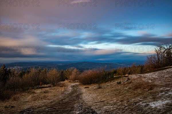 Landscape on the Grosser Feldberg, Taunus volcanic region. A cloudy, sunny winter day, meadows,