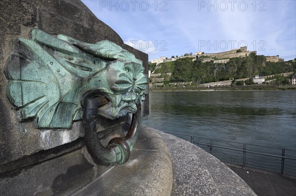 Coblenz fortress and fountain sculpture at the William I monument, Coblenz, Rhineland Palatinate,